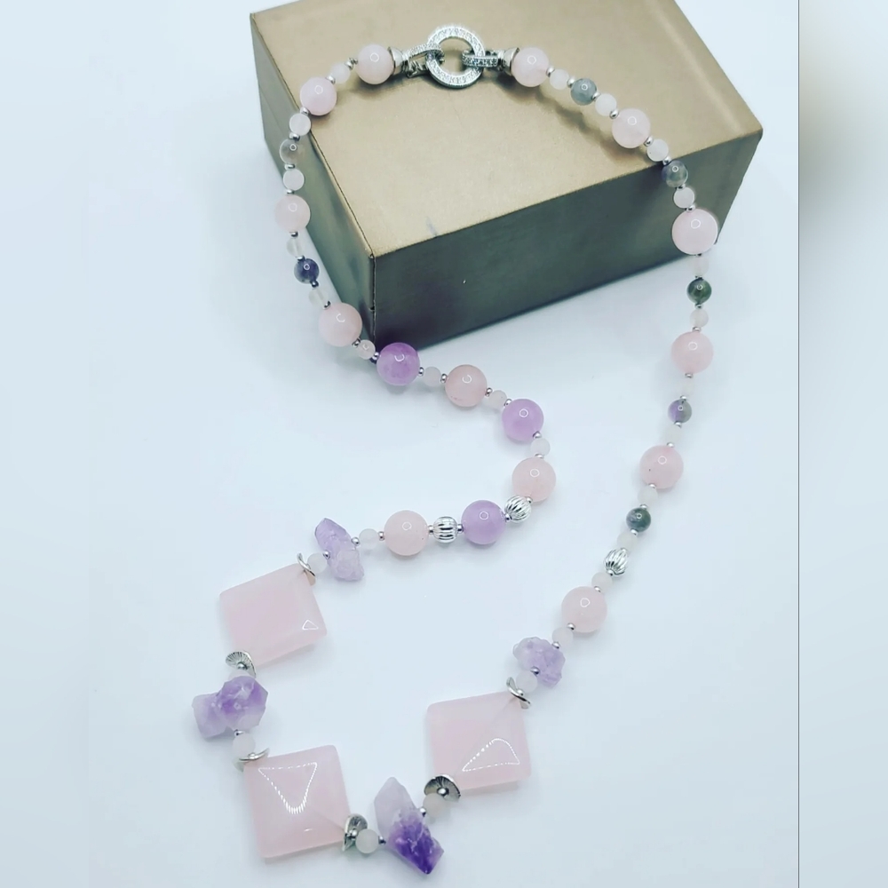 Rose Quartz, Raw Amethyst,  Zirconia Stainless steel clasp Necklace
